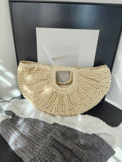1pc Large Capacity Pleated Half-Moon Woven Handbag, Solid Color Straw Tote Bag, Fashion Beach Bag, Suitable For Women's Vacation, Travel And Daily Shopping, Mother's Day Gift