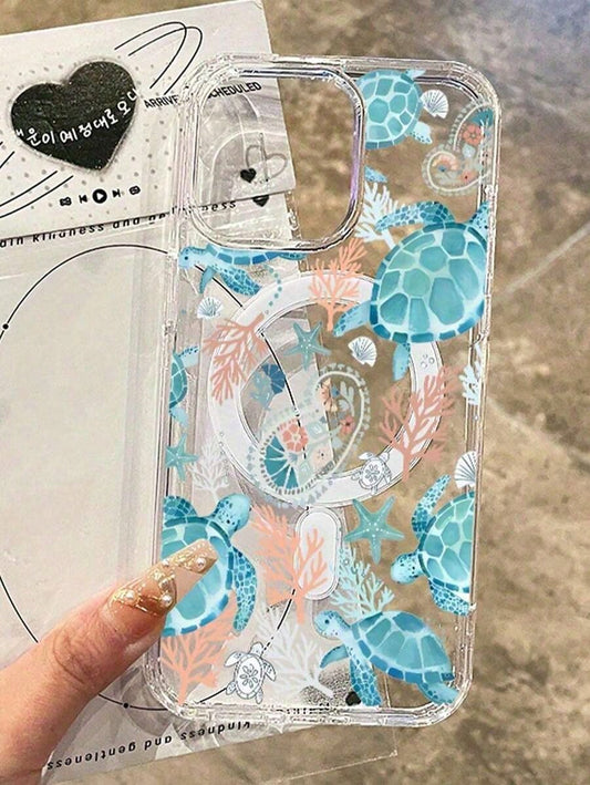 1pc Magnetic Ocean Element Turtle, Seaweed, Starfish Pattern Phone Case Compatible With Apple 11/13/14/15 Pro/16/16 Pro Max Models
