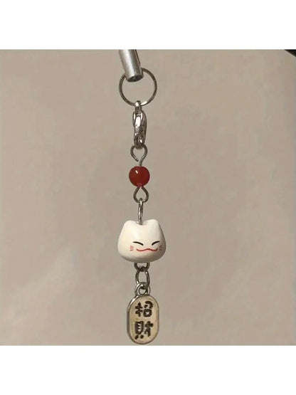 1pc Maneki Neko (Lucky Cat) Phone Charm With Red Bead- Traditional Feng Shui Phone Lanyard- Auspicious Japanese Amulet Pendant Gifts For Mother, Family, Friends, Birthday, Holiday Phone Chain
