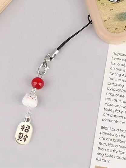 1pc Maneki Neko (Lucky Cat) Phone Charm With Red Bead- Traditional Feng Shui Phone Lanyard- Auspicious Japanese Amulet Pendant Gifts For Mother, Family, Friends, Birthday, Holiday Phone Chain
