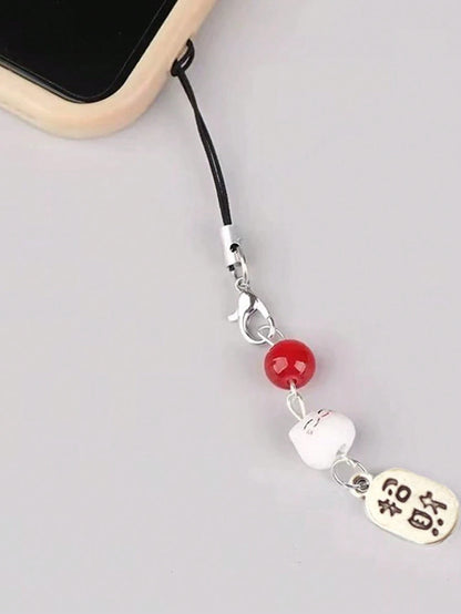 1pc Maneki Neko (Lucky Cat) Phone Charm With Red Bead- Traditional Feng Shui Phone Lanyard- Auspicious Japanese Amulet Pendant Gifts For Mother, Family, Friends, Birthday, Holiday Phone Chain