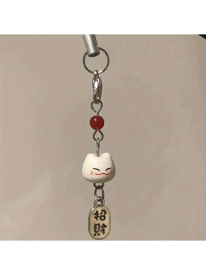 1pc Maneki Neko (Lucky Cat) Phone Charm With Red Bead- Traditional Feng Shui Phone Lanyard- Auspicious Japanese Amulet Pendant Gifts For Mother, Family, Friends, Birthday, Holiday Phone Chain