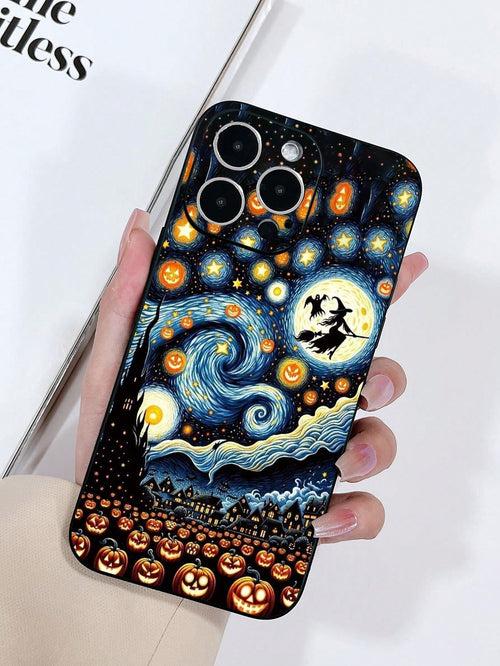 1pc Matte Skin-Feel Black Precision Hole Anti-Drop TPU Painted Starry Sky Halloween Pumpkin Lantern Pattern Phone Case Compatible With IPhone 15/15pro/15plus/15promax/16/16pro/16plus/16promax Galaxy S