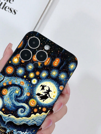 1pc Matte Skin-Feel Black Precision Hole Anti-Drop TPU Painted Starry Sky Halloween Pumpkin Lantern Pattern Phone Case Compatible With IPhone 15/15pro/15plus/15promax/16/16pro/16plus/16promax Galaxy S