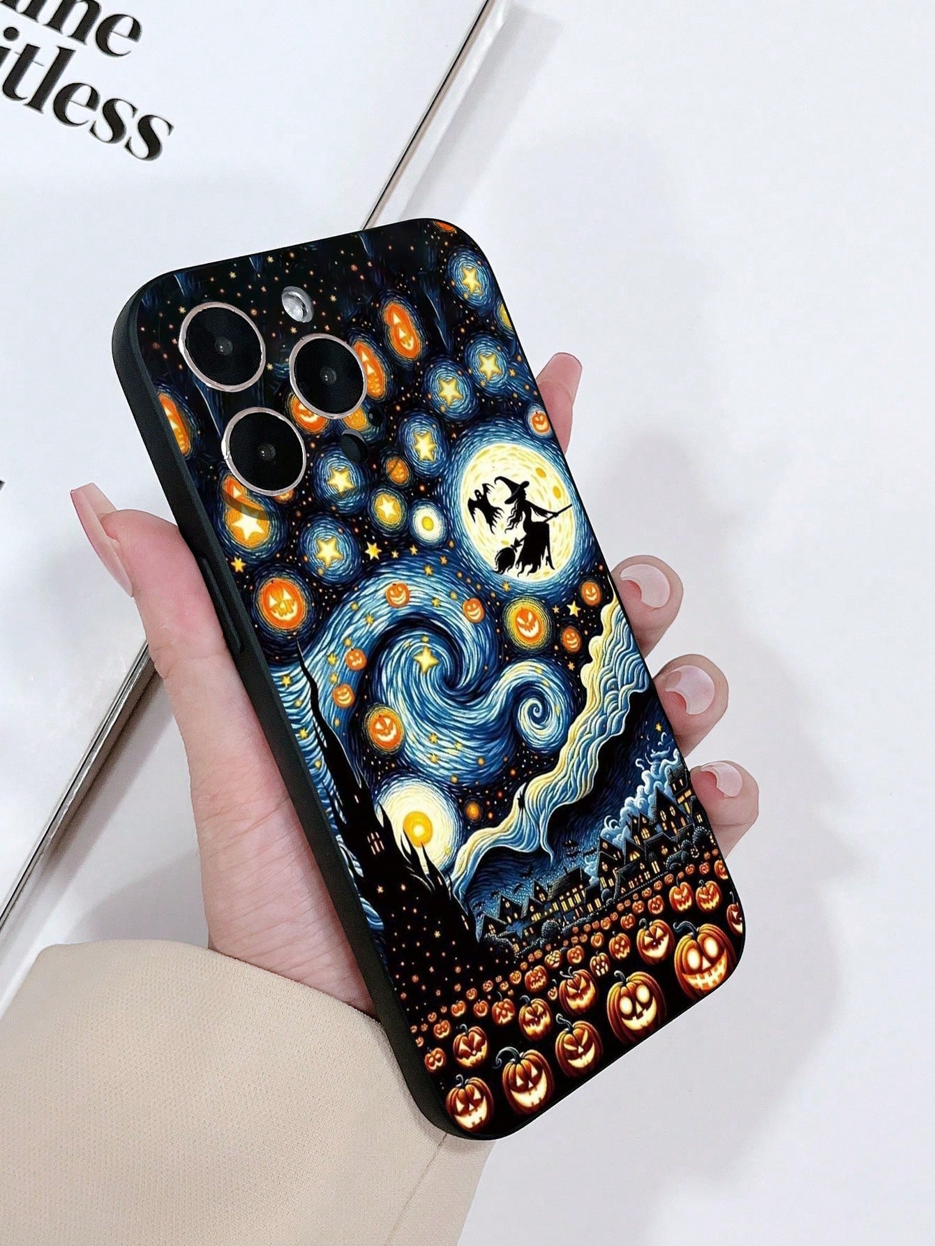1pc Matte Skin-Feel Black Precision Hole Anti-Drop TPU Painted Starry Sky Halloween Pumpkin Lantern Pattern Phone Case Compatible With IPhone 15/15pro/15plus/15promax/16/16pro/16plus/16promax Galaxy S