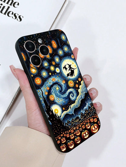 1pc Matte Skin-Feel Black Precision Hole Anti-Drop TPU Painted Starry Sky Halloween Pumpkin Lantern Pattern Phone Case Compatible With IPhone 15/15pro/15plus/15promax/16/16pro/16plus/16promax Galaxy S