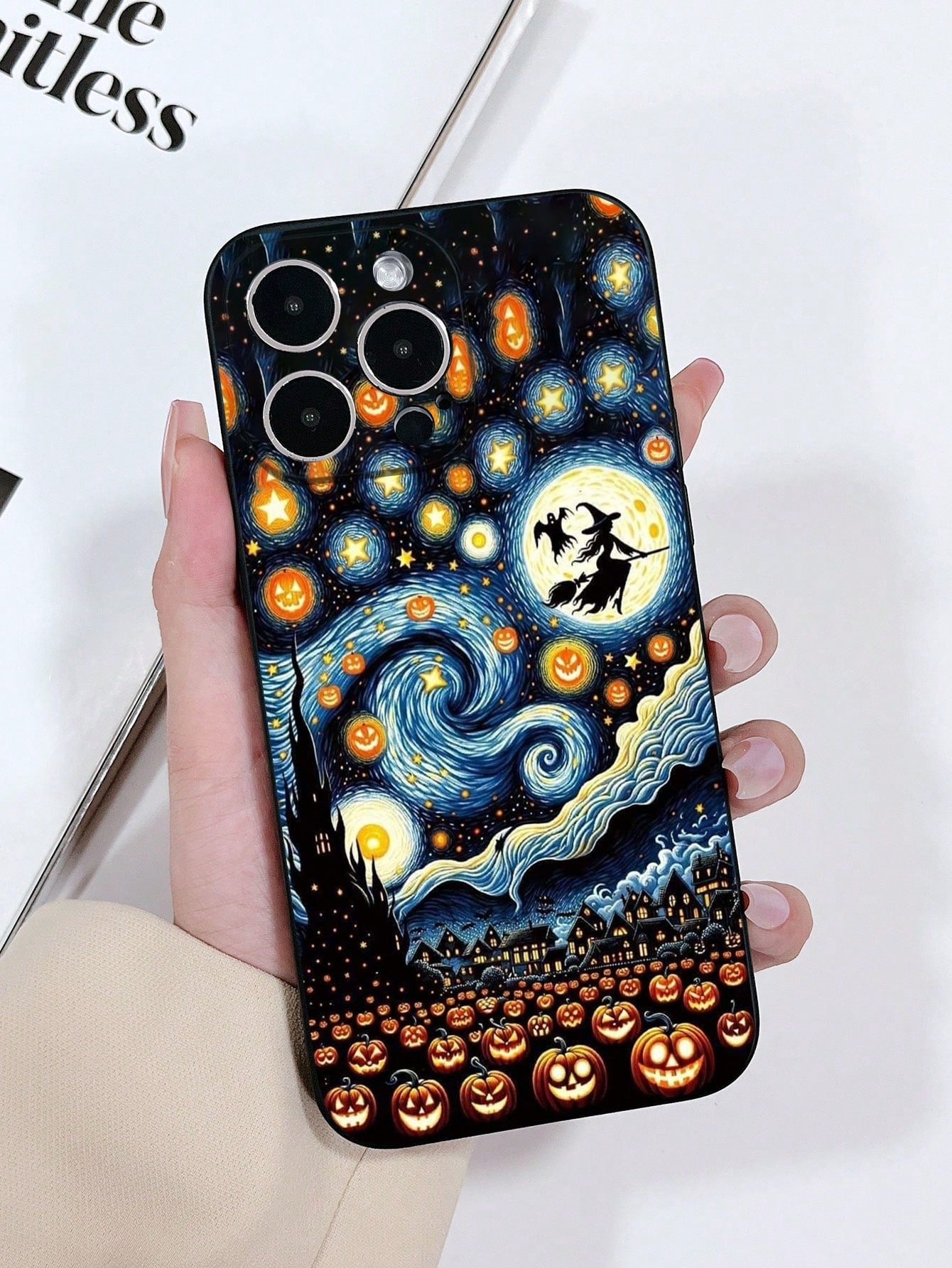 1pc Matte Skin-Feel Black Precision Hole Anti-Drop TPU Painted Starry Sky Halloween Pumpkin Lantern Pattern Phone Case Compatible With IPhone 15/15pro/15plus/15promax/16/16pro/16plus/16promax Galaxy S