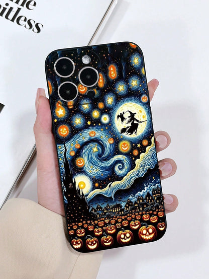 1pc Matte Skin-Feel Black Precision Hole Anti-Drop TPU Painted Starry Sky Halloween Pumpkin Lantern Pattern Phone Case Compatible With IPhone 15/15pro/15plus/15promax/16/16pro/16plus/16promax Galaxy S