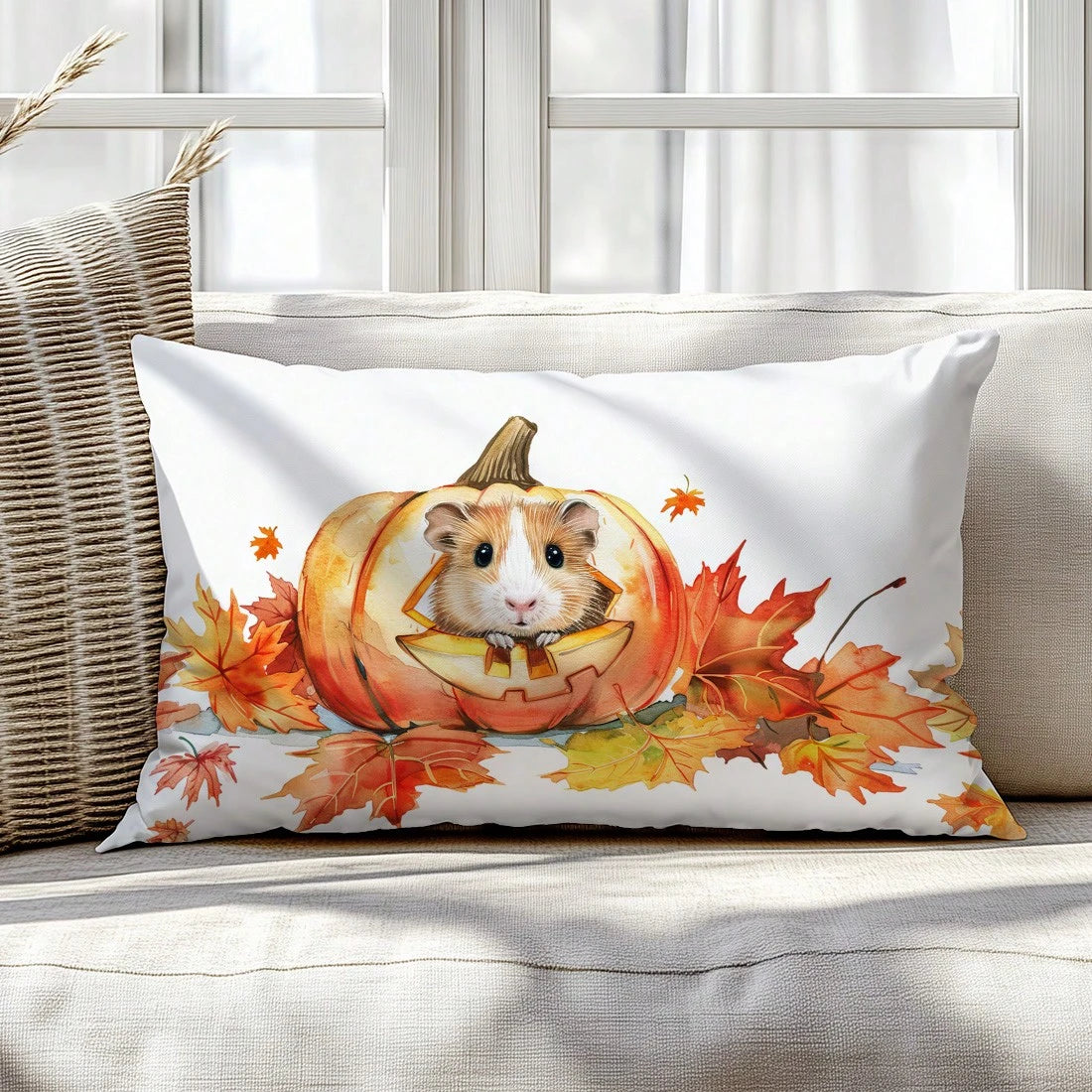 1pc Minimalist Autumn Maple Leaf Cute Pumpkin Mouse Cushion Cover, Single-Sided Printed Peach Skin Velvet Material, 30*50/40*60CM Pillowcase Suitable For Room Decoration, Modern Minimalist Sofa Living
