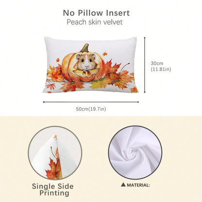1pc Minimalist Autumn Maple Leaf Cute Pumpkin Mouse Cushion Cover, Single-Sided Printed Peach Skin Velvet Material, 30*50/40*60CM Pillowcase Suitable For Room Decoration, Modern Minimalist Sofa Living