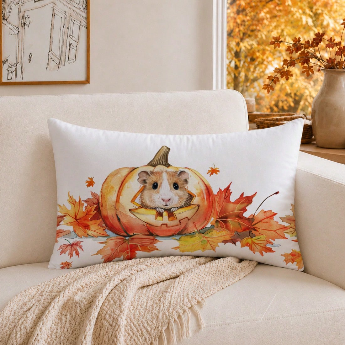 1pc Minimalist Autumn Maple Leaf Cute Pumpkin Mouse Cushion Cover, Single-Sided Printed Peach Skin Velvet Material, 30*50/40*60CM Pillowcase Suitable For Room Decoration, Modern Minimalist Sofa Living