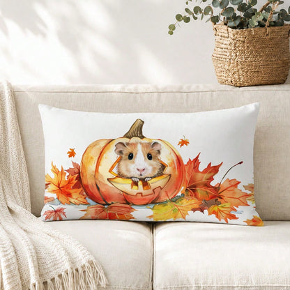 1pc Minimalist Autumn Maple Leaf Cute Pumpkin Mouse Cushion Cover, Single-Sided Printed Peach Skin Velvet Material, 30*50/40*60CM Pillowcase Suitable For Room Decoration, Modern Minimalist Sofa Living