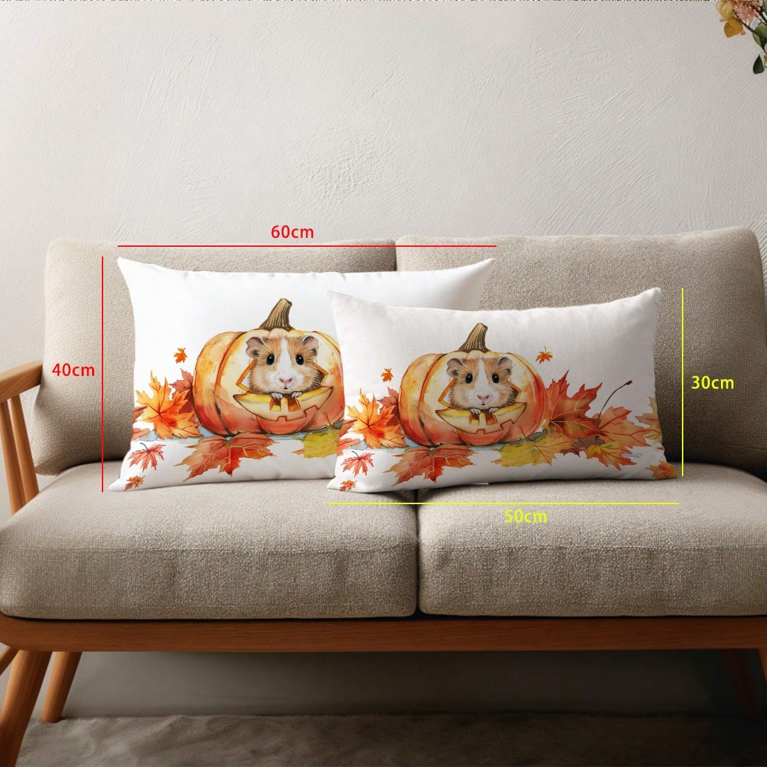 1pc Minimalist Autumn Maple Leaf Cute Pumpkin Mouse Cushion Cover, Single-Sided Printed Peach Skin Velvet Material, 30*50/40*60CM Pillowcase Suitable For Room Decoration, Modern Minimalist Sofa Living