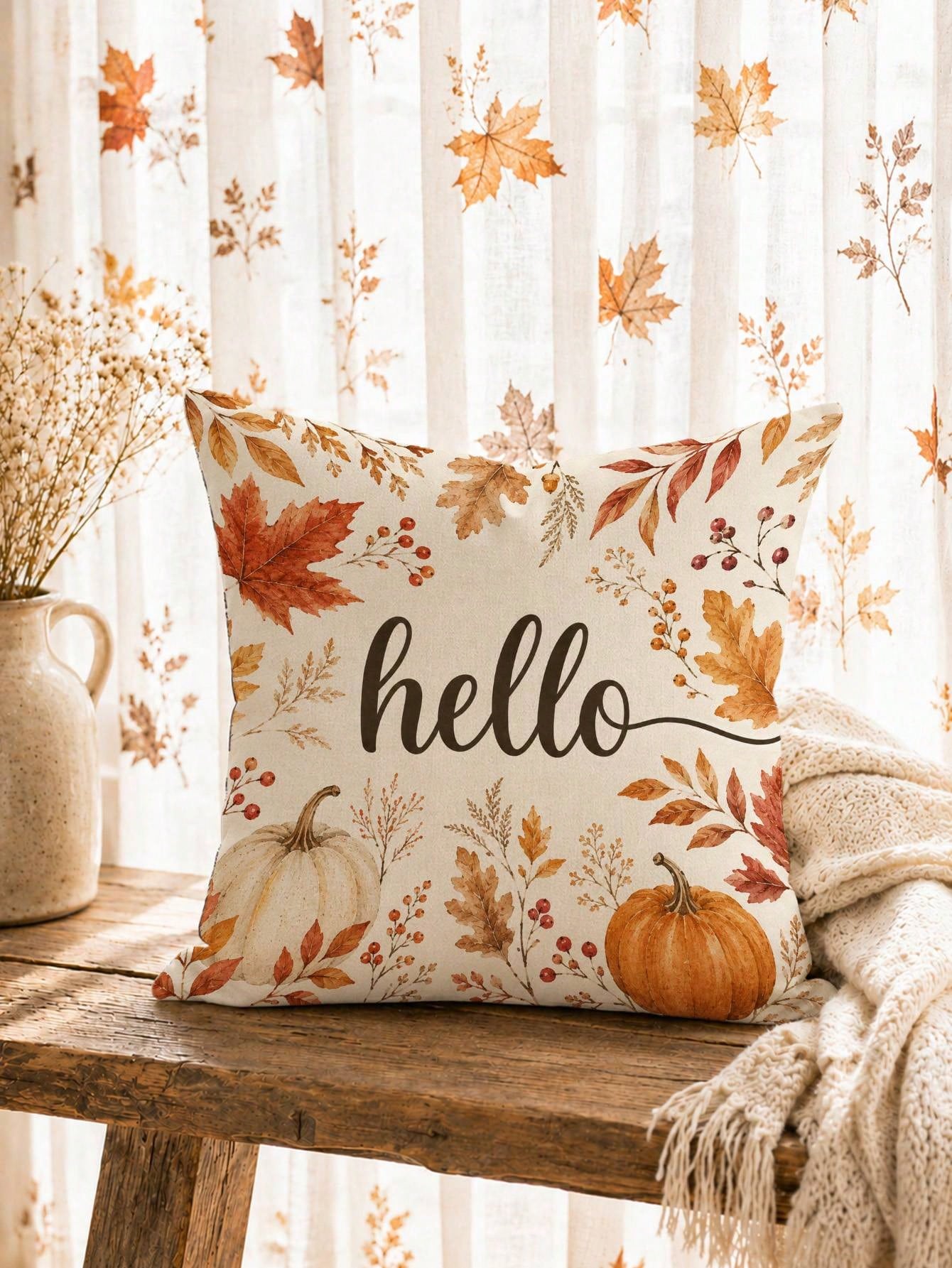 1pc Minimalist Autumn Pumpkin & Maple Leaf Cushion Cover, Single-Sided Printed Peach Skin Velvet Polyester Material, 45*45CM/18*18inch Pillowcase Suitable For Room Decor, Modern Minimalist Sofa Living