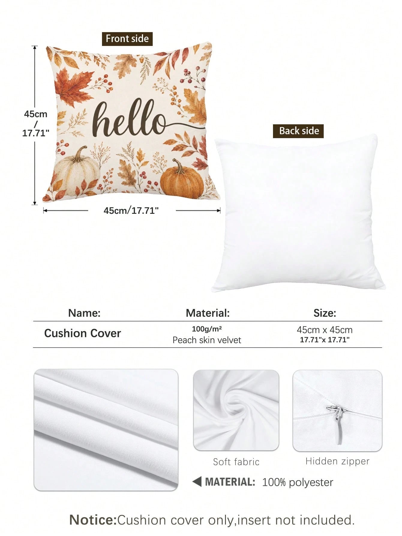 1pc Minimalist Autumn Pumpkin & Maple Leaf Cushion Cover, Single-Sided Printed Peach Skin Velvet Polyester Material, 45*45CM/18*18inch Pillowcase Suitable For Room Decor, Modern Minimalist Sofa Living