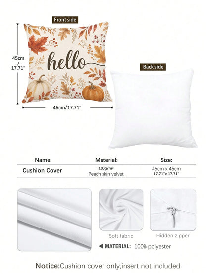 1pc Minimalist Autumn Pumpkin & Maple Leaf Cushion Cover, Single-Sided Printed Peach Skin Velvet Polyester Material, 45*45CM/18*18inch Pillowcase Suitable For Room Decor, Modern Minimalist Sofa Living