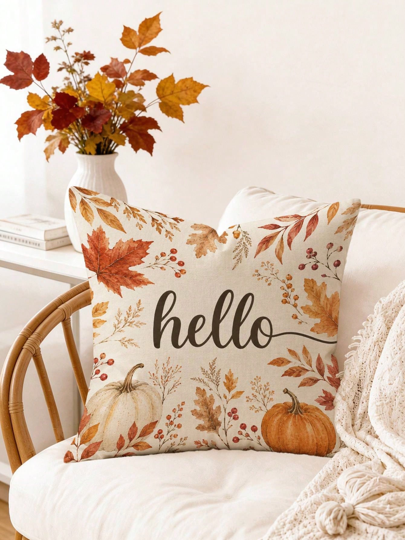 1pc Minimalist Autumn Pumpkin & Maple Leaf Cushion Cover, Single-Sided Printed Peach Skin Velvet Polyester Material, 45*45CM/18*18inch Pillowcase Suitable For Room Decor, Modern Minimalist Sofa Living