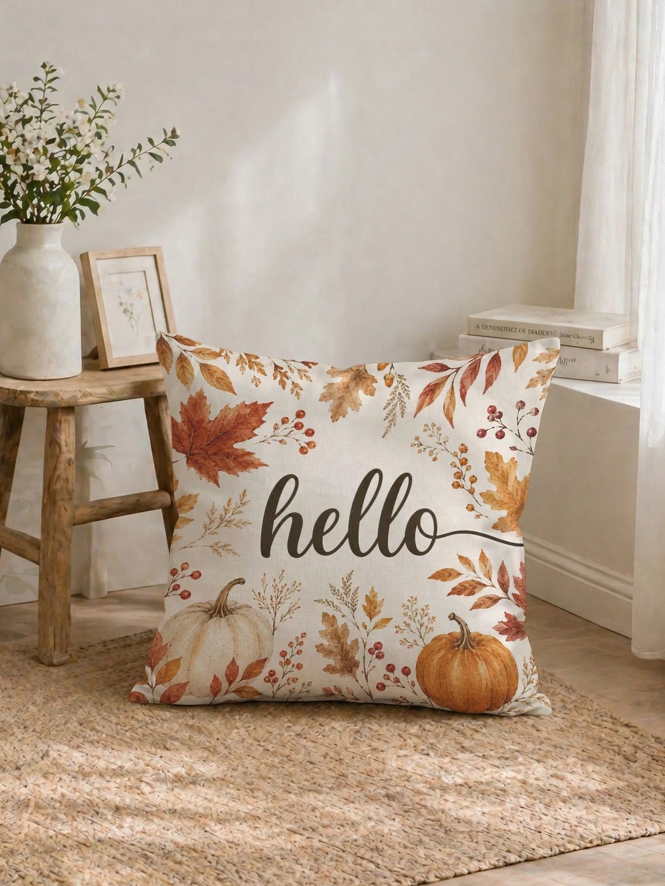 1pc Minimalist Autumn Pumpkin & Maple Leaf Cushion Cover, Single-Sided Printed Peach Skin Velvet Polyester Material, 45*45CM/18*18inch Pillowcase Suitable For Room Decor, Modern Minimalist Sofa Living
