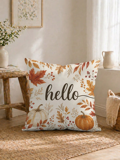 1pc Minimalist Autumn Pumpkin & Maple Leaf Cushion Cover, Single-Sided Printed Peach Skin Velvet Polyester Material, 45*45CM/18*18inch Pillowcase Suitable For Room Decor, Modern Minimalist Sofa Living