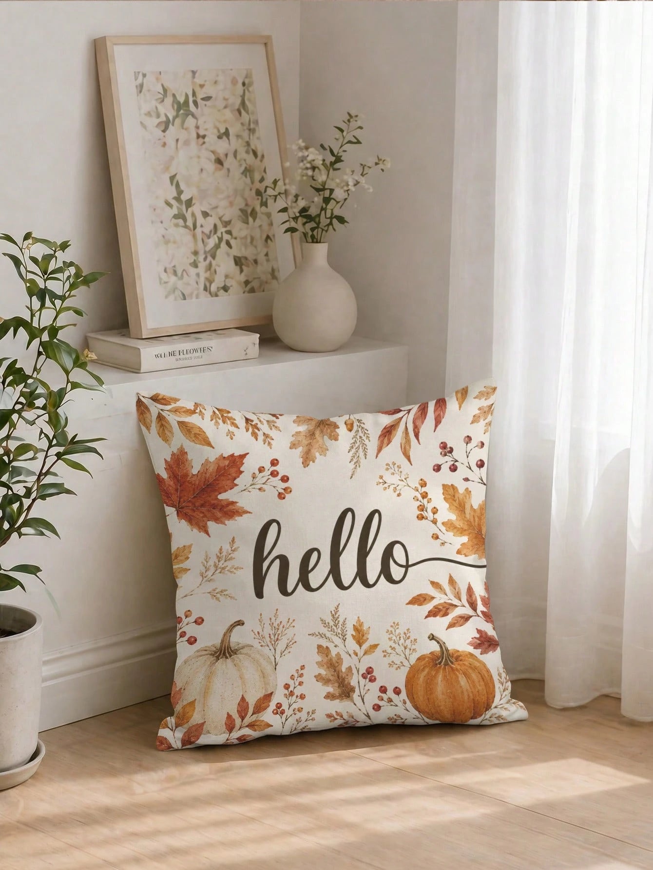 1pc Minimalist Autumn Pumpkin & Maple Leaf Cushion Cover, Single-Sided Printed Peach Skin Velvet Polyester Material, 45*45CM/18*18inch Pillowcase Suitable For Room Decor, Modern Minimalist Sofa Living