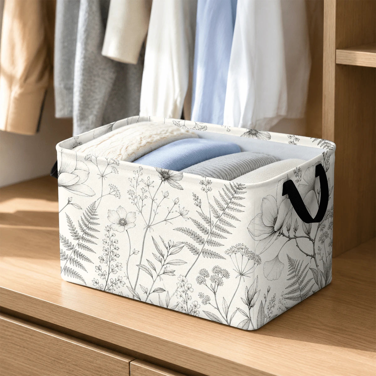 1pc Minimalist Botanical Line Art Pattern Storage Basket, Polyester Fabric Foldable Storage Organizer With Handles For Clothes Bedding Blankets Closet Shelf Bedroom Organization