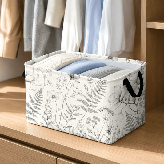 1pc Minimalist Botanical Line Art Pattern Storage Basket, Polyester Fabric Foldable Storage Organizer With Handles For Clothes Bedding Blankets Closet Shelf Bedroom Organization