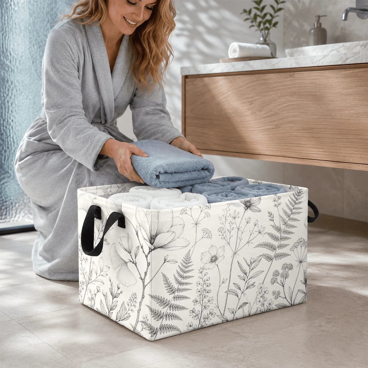 1pc Minimalist Botanical Line Art Pattern Storage Basket, Polyester Fabric Foldable Storage Organizer With Handles For Clothes Bedding Blankets Closet Shelf Bedroom Organization