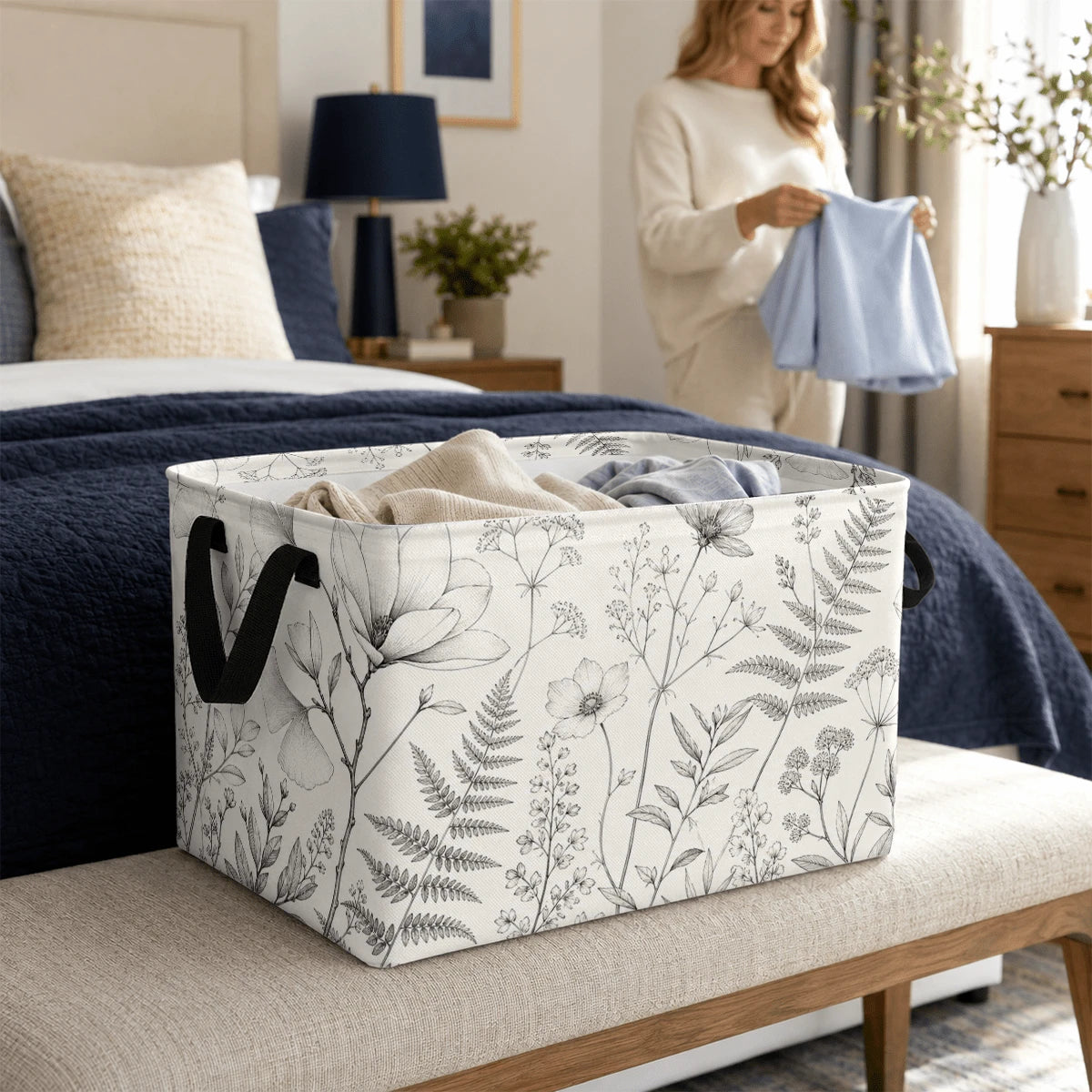 1pc Minimalist Botanical Line Art Pattern Storage Basket, Polyester Fabric Foldable Storage Organizer With Handles For Clothes Bedding Blankets Closet Shelf Bedroom Organization