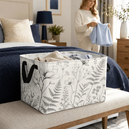 1pc Minimalist Botanical Line Art Pattern Storage Basket, Polyester Fabric Foldable Storage Organizer With Handles For Clothes Bedding Blankets Closet Shelf Bedroom Organization