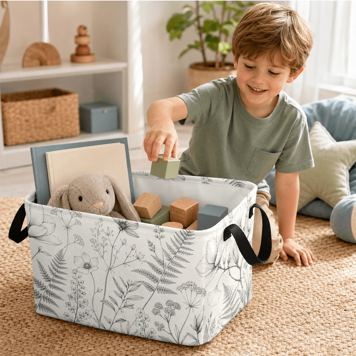 1pc Minimalist Botanical Line Art Pattern Storage Basket, Polyester Fabric Foldable Storage Organizer With Handles For Clothes Bedding Blankets Closet Shelf Bedroom Organization