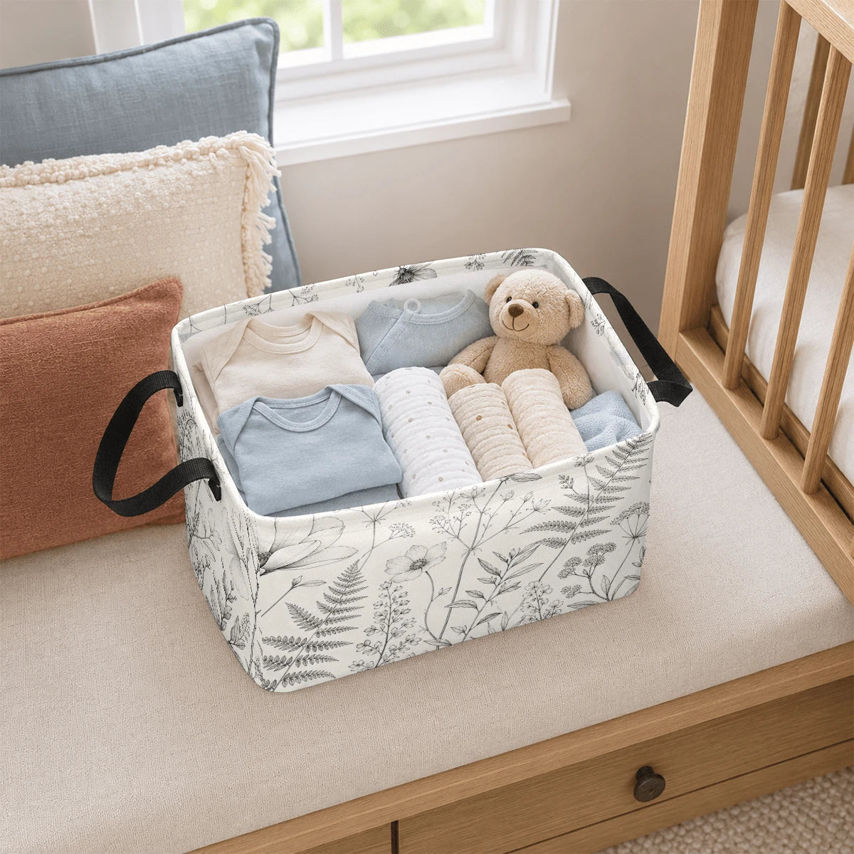 1pc Minimalist Botanical Line Art Pattern Storage Basket, Polyester Fabric Foldable Storage Organizer With Handles For Clothes Bedding Blankets Closet Shelf Bedroom Organization