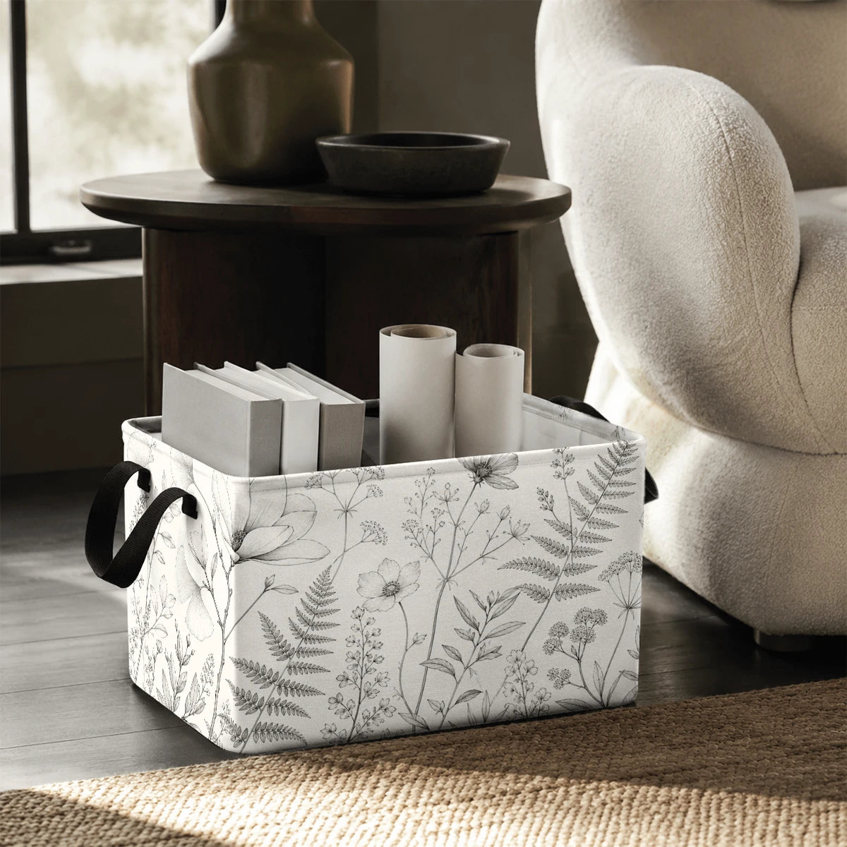 1pc Minimalist Botanical Line Art Pattern Storage Basket, Polyester Fabric Foldable Storage Organizer With Handles For Clothes Bedding Blankets Closet Shelf Bedroom Organization