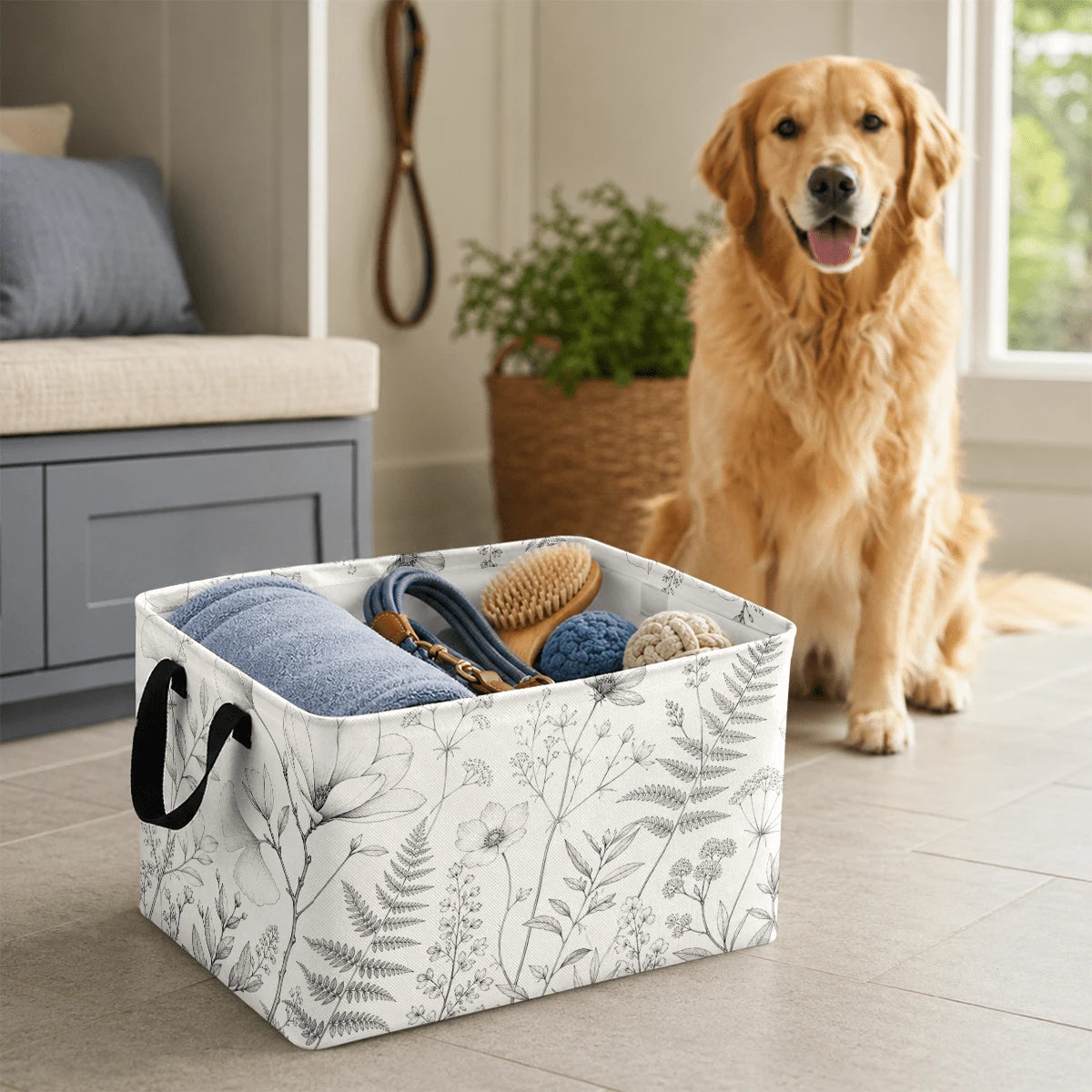 1pc Minimalist Botanical Line Art Pattern Storage Basket, Polyester Fabric Foldable Storage Organizer With Handles For Clothes Bedding Blankets Closet Shelf Bedroom Organization