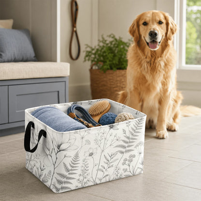 1pc Minimalist Botanical Line Art Pattern Storage Basket, Polyester Fabric Foldable Storage Organizer With Handles For Clothes Bedding Blankets Closet Shelf Bedroom Organization
