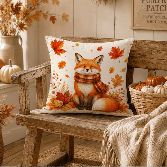 1pc Minimalist Cute Fox With Scarf Cushion Cover, Single-Sided Printed Peach Skin Velvet Polyester Material, 45*45CM/18*18inch Pillowcase Suitable For Room Decoration, Modern Minimalist Sofa Living Ro