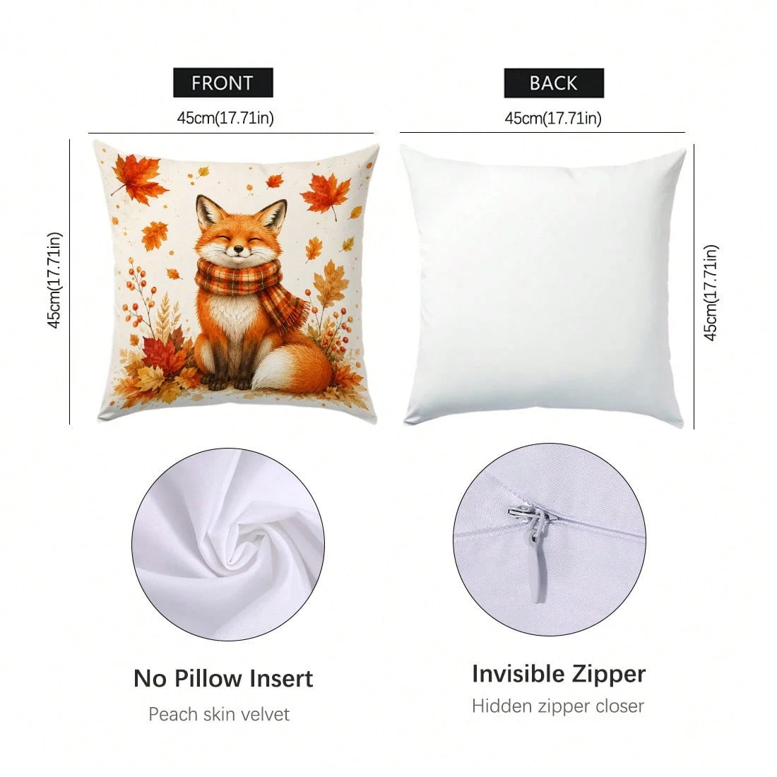 1pc Minimalist Cute Fox With Scarf Cushion Cover, Single-Sided Printed Peach Skin Velvet Polyester Material, 45*45CM/18*18inch Pillowcase Suitable For Room Decoration, Modern Minimalist Sofa Living Ro