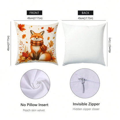 1pc Minimalist Cute Fox With Scarf Cushion Cover, Single-Sided Printed Peach Skin Velvet Polyester Material, 45*45CM/18*18inch Pillowcase Suitable For Room Decoration, Modern Minimalist Sofa Living Ro