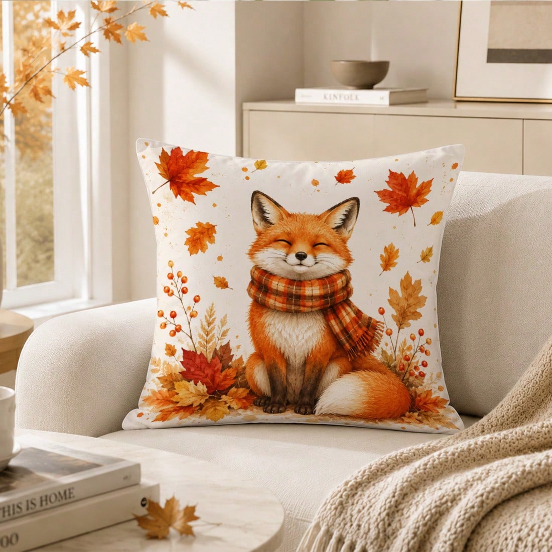 1pc Minimalist Cute Fox With Scarf Cushion Cover, Single-Sided Printed Peach Skin Velvet Polyester Material, 45*45CM/18*18inch Pillowcase Suitable For Room Decoration, Modern Minimalist Sofa Living Ro