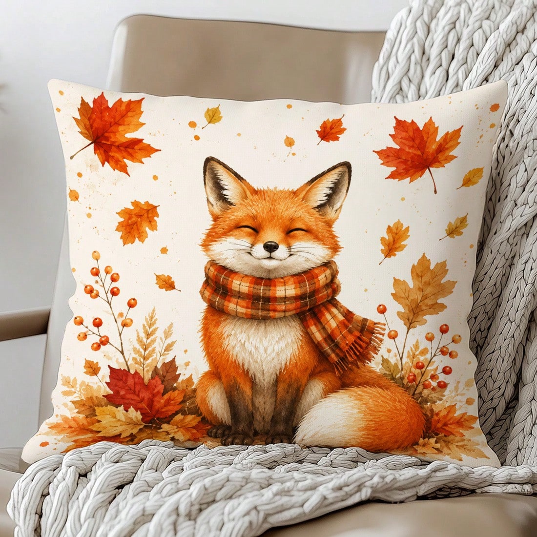 1pc Minimalist Cute Fox With Scarf Cushion Cover, Single-Sided Printed Peach Skin Velvet Polyester Material, 45*45CM/18*18inch Pillowcase Suitable For Room Decoration, Modern Minimalist Sofa Living Ro