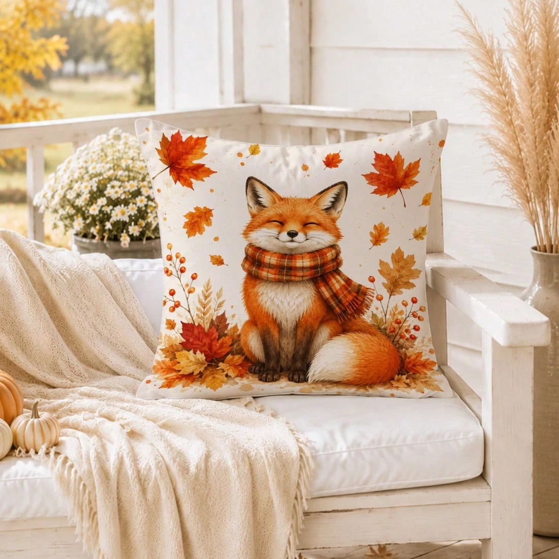 1pc Minimalist Cute Fox With Scarf Cushion Cover, Single-Sided Printed Peach Skin Velvet Polyester Material, 45*45CM/18*18inch Pillowcase Suitable For Room Decoration, Modern Minimalist Sofa Living Ro