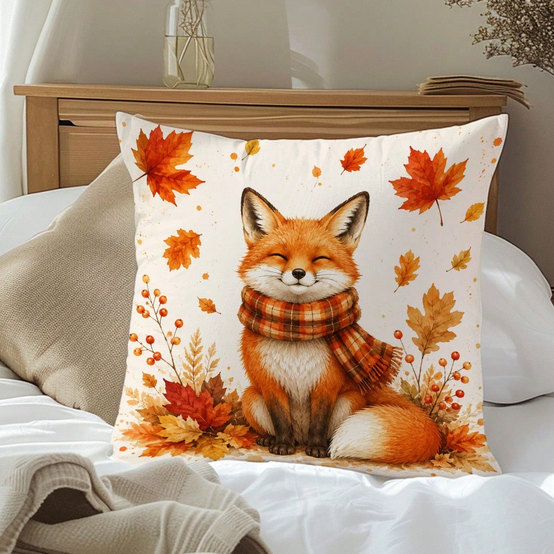 1pc Minimalist Cute Fox With Scarf Cushion Cover, Single-Sided Printed Peach Skin Velvet Polyester Material, 45*45CM/18*18inch Pillowcase Suitable For Room Decoration, Modern Minimalist Sofa Living Ro