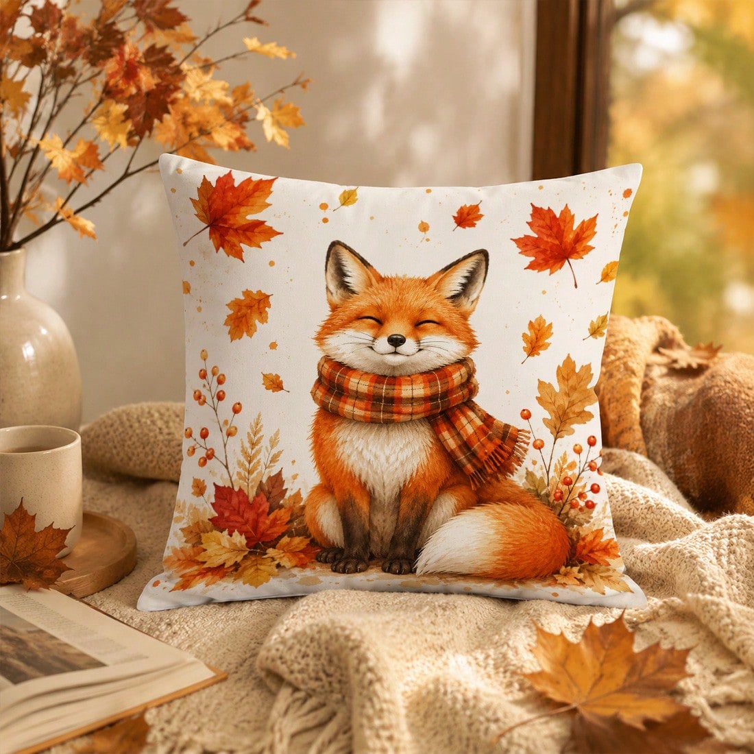 1pc Minimalist Cute Fox With Scarf Cushion Cover, Single-Sided Printed Peach Skin Velvet Polyester Material, 45*45CM/18*18inch Pillowcase Suitable For Room Decoration, Modern Minimalist Sofa Living Ro