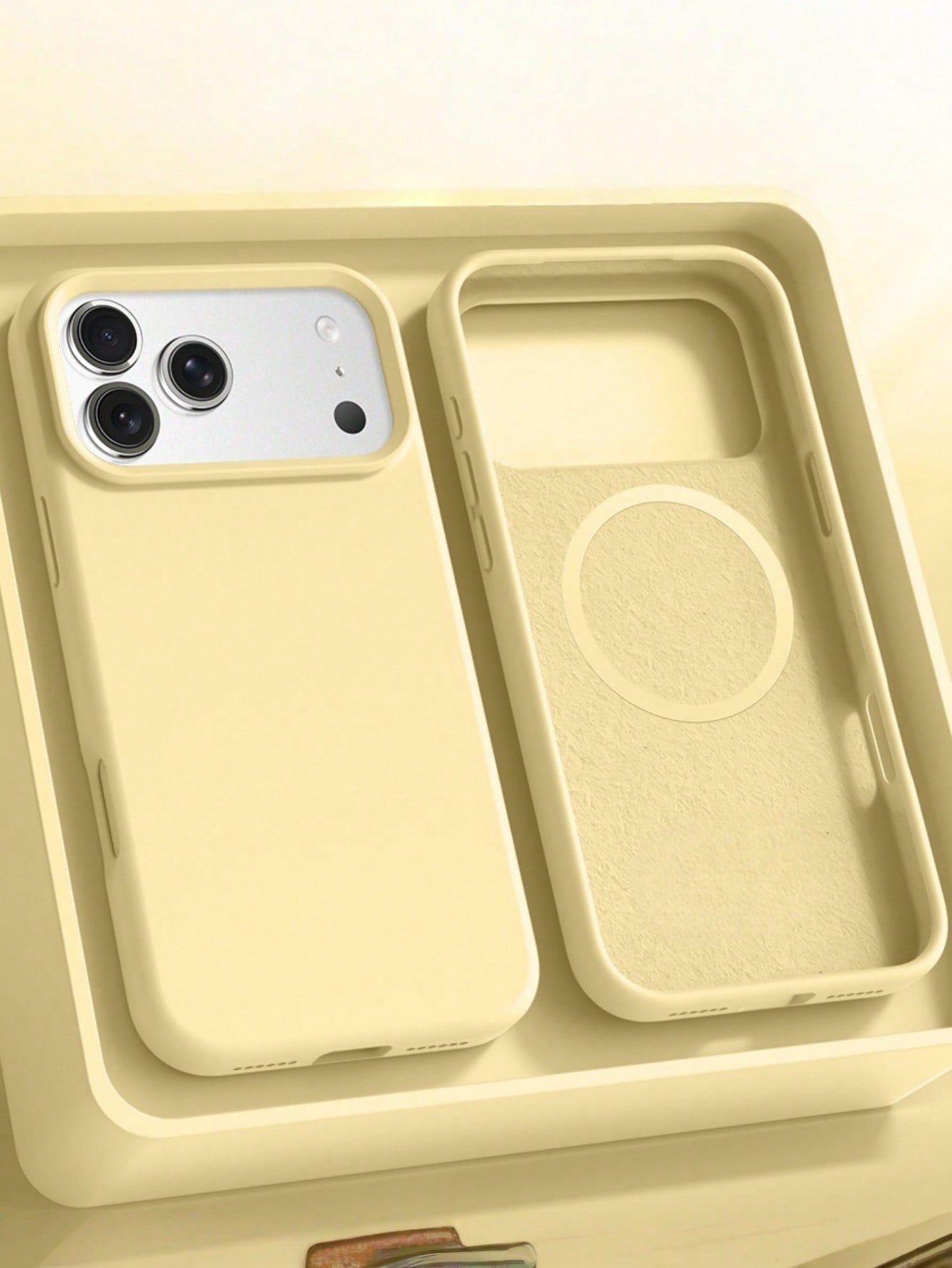 1pc Minimalist Light Yellow Magnetic Liquid Silicone Protective Case Compatible With 16 15 Pro Max Plus With Velvet Camera Protection Spring Pastel Mom Gift Mother's Day