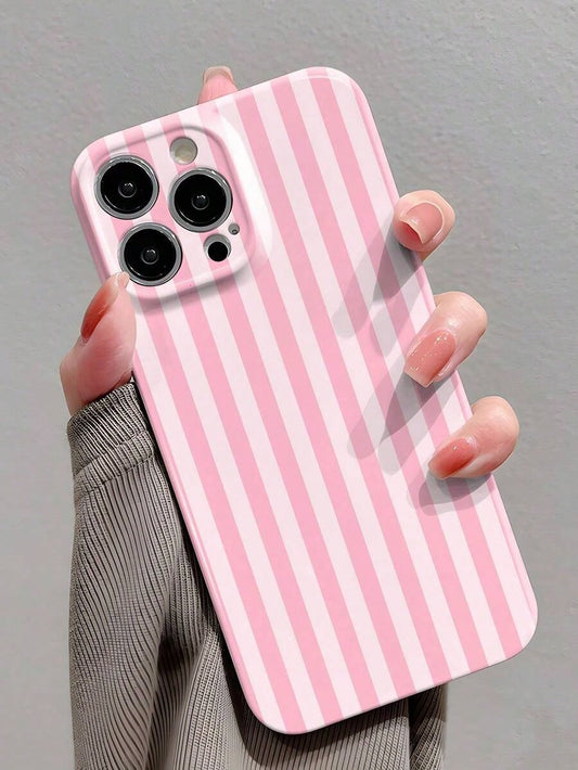 1pc Minimalist Stripe Pattern Perforated Glossy Filmic Case Full Protective Hard Phone Cover, Compatible With IPhone 11/12/13/14/15/16 Pro Max Waterproof Shockproof Anti-Fall Scratch Resistant