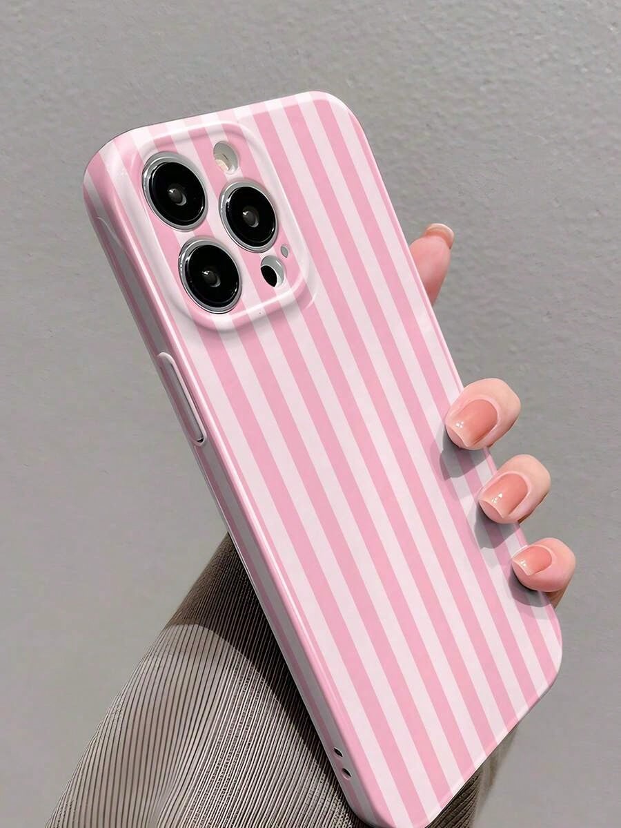 1pc Minimalist Stripe Pattern Perforated Glossy Filmic Case Full Protective Hard Phone Cover, Compatible With IPhone 11/12/13/14/15/16 Pro Max Waterproof Shockproof Anti-Fall Scratch Resistant