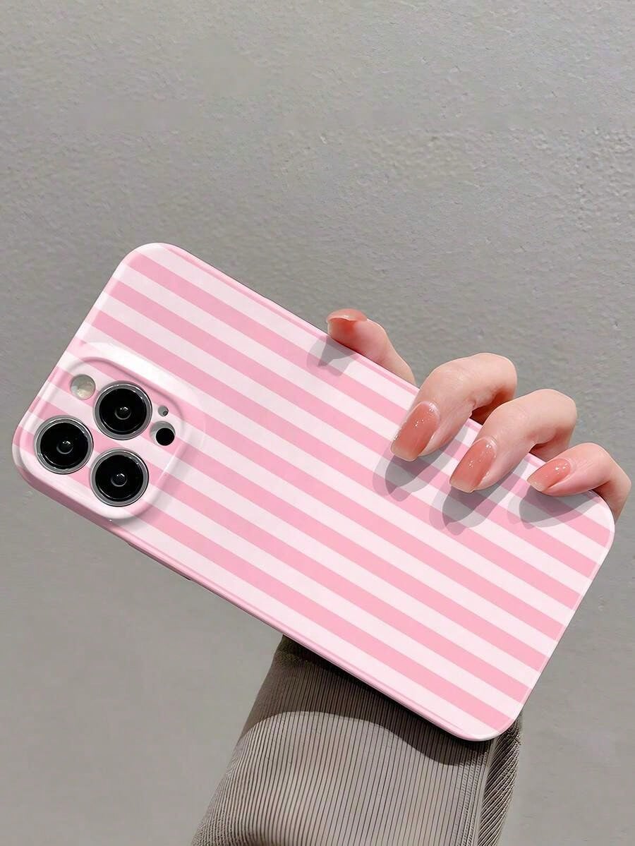 1pc Minimalist Stripe Pattern Perforated Glossy Filmic Case Full Protective Hard Phone Cover, Compatible With IPhone 11/12/13/14/15/16 Pro Max Waterproof Shockproof Anti-Fall Scratch Resistant