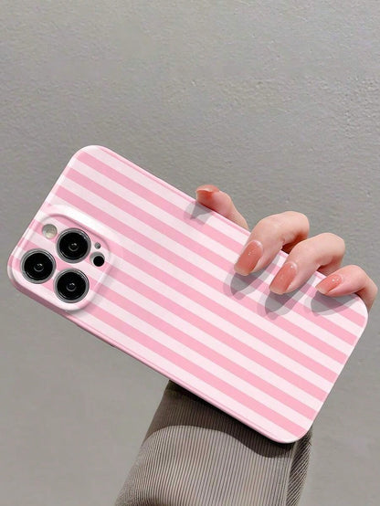 1pc Minimalist Stripe Pattern Perforated Glossy Filmic Case Full Protective Hard Phone Cover, Compatible With IPhone 11/12/13/14/15/16 Pro Max Waterproof Shockproof Anti-Fall Scratch Resistant