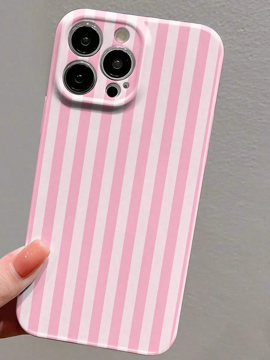 1pc Minimalist Stripe Pattern Perforated Glossy Filmic Case Full Protective Hard Phone Cover, Compatible With IPhone 11/12/13/14/15/16 Pro Max Waterproof Shockproof Anti-Fall Scratch Resistant