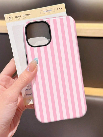 1pc Minimalist Stripe Pattern Perforated Glossy Filmic Case Full Protective Hard Phone Cover, Compatible With IPhone 11/12/13/14/15/16 Pro Max Waterproof Shockproof Anti-Fall Scratch Resistant