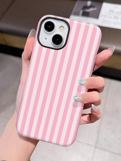 1pc Minimalist Stripe Pattern Perforated Glossy Filmic Case Full Protective Hard Phone Cover, Compatible With IPhone 11/12/13/14/15/16 Pro Max Waterproof Shockproof Anti-Fall Scratch Resistant